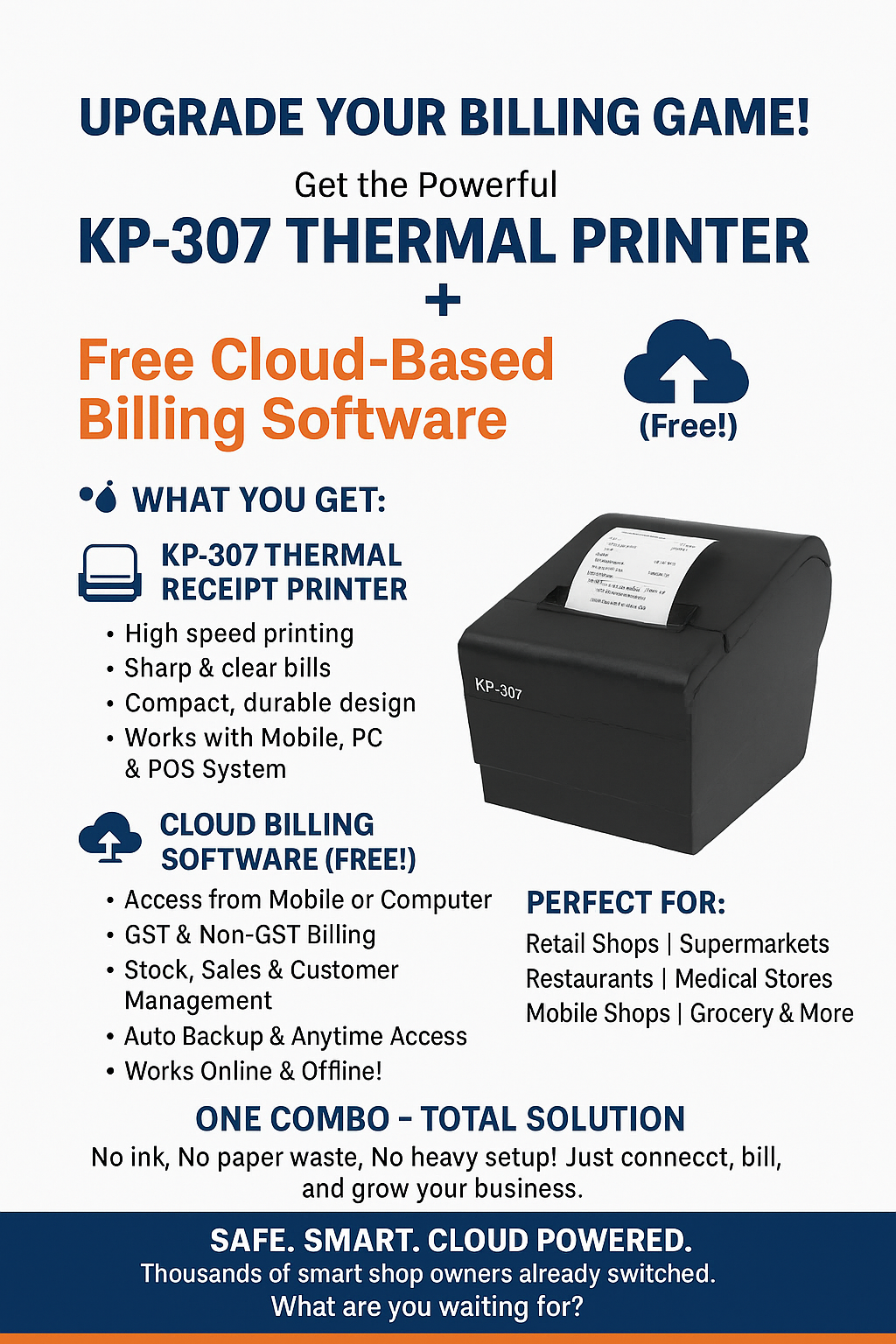 80mm (Auto Cutter) POS Printer with USB, Bluetooth, WiFI & Lan Interface for Easy Connectivity