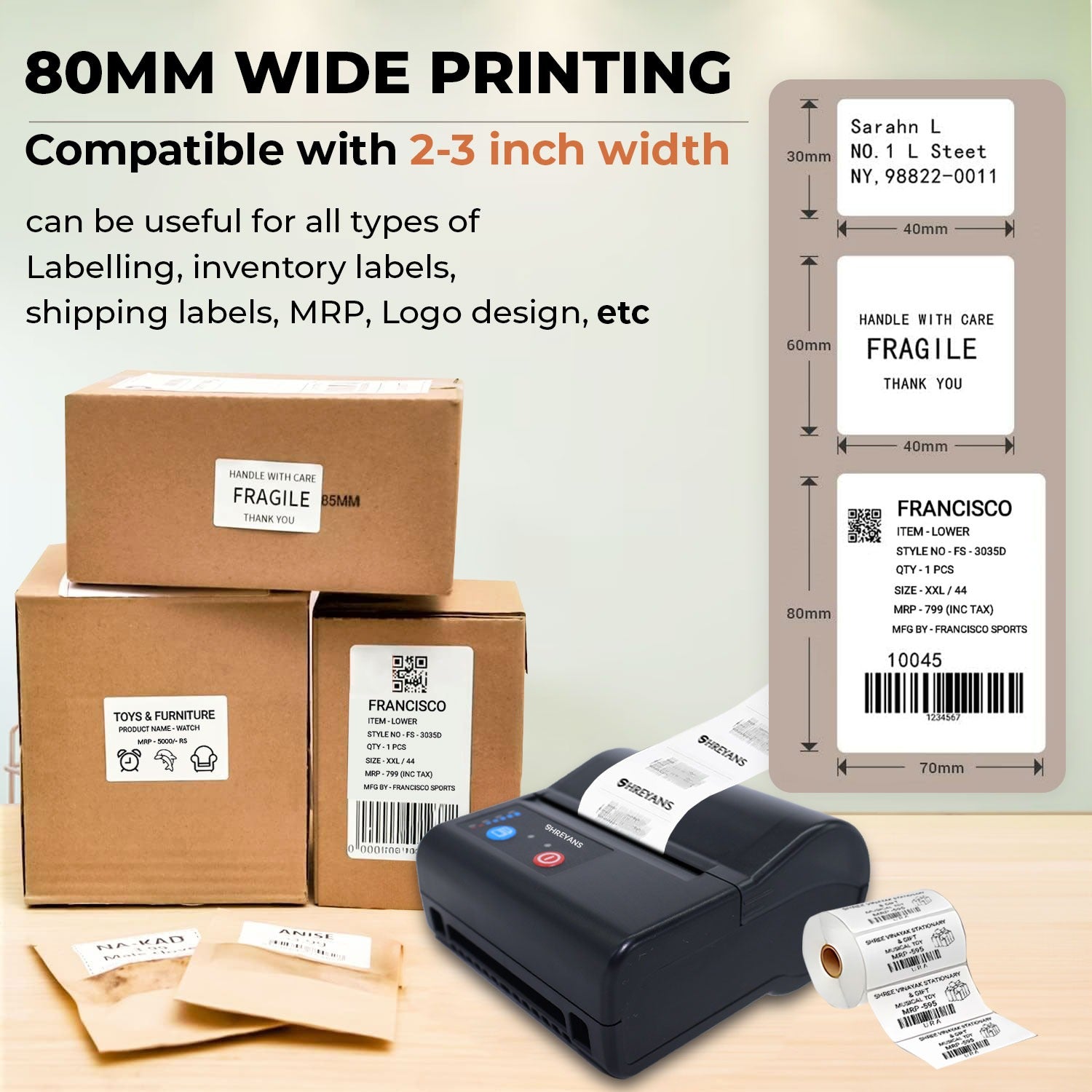 D Label SHREYANS (SRS80H) 80mm - 3 Inch Portable Bluetooth Barcode Label + Rec ...